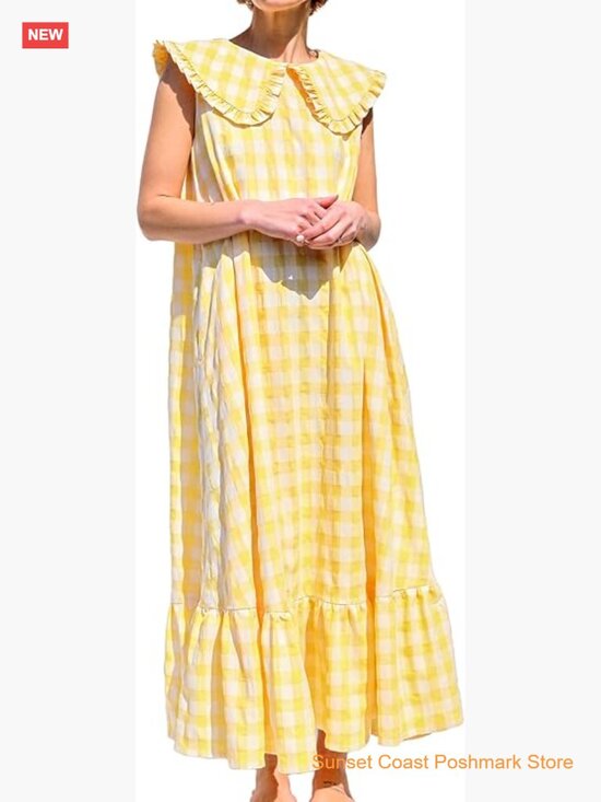 Dresses & Skirts - Sleeveless Plaid Maxi Dress with Pockets Ruffle A-Line Beach Sundress